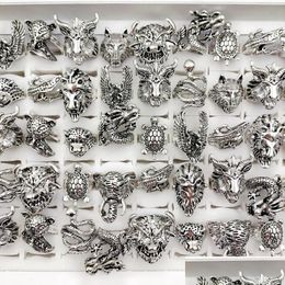 Cluster Rings Fashion 20/30/50/100Pcs Animal Head Ring Gothic Style Punk Tough Guy Vintage Mix Metal Band Fit Men And Women Jewellery Gi Dhtuw