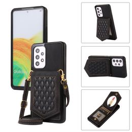 Women's lanyard wallet mirror leather phone case For Samsung A12 A13 A04S A04 M13 A51 A52 A53 A54 S20 S21 S22 S23 Ultra Plus 20FE FID Blocking Leather Phone Cover