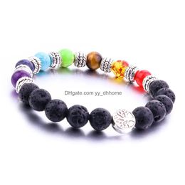 Beaded Fashion Natural 8Mm Lava Stone Tree Of Life 7 Chakra Beads Bracelet Diy Aromatherapy Essential Oil Diffuser Drop Delivery Jew Dh2Np