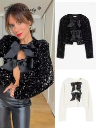 Women's Jackets Tie-front Bow Sequin Jacket For Women Chic Vacation Sparkling Coat Female Long Sleeves Sexy Cropped Top Shiny Evening