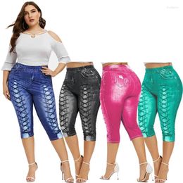 Women's Leggings Rosegal Plus Size Mid-calf 3D Lace Up Jean Print High Waist Capri Trousers Summer Fashion Yoga Sport Pant Mujer