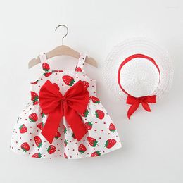 Girl Dresses Baby Sling Dress Summer Lightweight Delivery Sun Hat Strawberry Print Sweet Cute Style 1- 4 Years Clothes