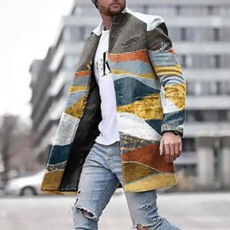 Men's Wool Blends Men Woolen Coat Jacket Striped Geometric Print Young Mens Clothes Autumn Winter Single Breasted Pocket Overcoat Outwear trend
