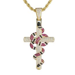 18K Gold Plated ed Coral Snake Cross Pendant in White Gold Iced Out Zircon Bling Hip Hop Jewellery Gift223b