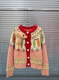 European 13D Short Women's Fashion 23 Autumn/Winter New Christmas Bear Knitted Vintage Colour Block Cardigan Sweater Coat One Size fits All