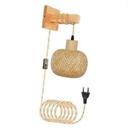 Wall Lamp Sconce Hand Woven Boho Bamboo Bedside Plug In Pendant Light For Home Bedroom Living Room Farmhouse Bathroom