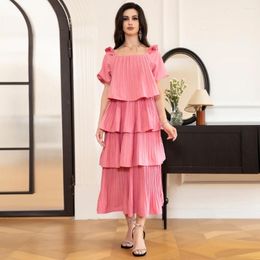 Ethnic Clothing Elegant Style Square Collar Solid Colour Pleated Lantern Sleeve Long Dresses