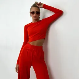 Women's Two Piece Pants O-neck Long-sleeved Sets Short Bare Sexy Tops And High-waisted Wide-legged Autumn Womens Outfits