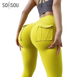 Yoga Outfit SOISOU Nylon Leggings Women's Pants Sport Yoga Pants Sexy Tight High Waist Elastic Women's Panties Pocket legging mujer 231205