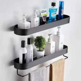 Bathroom Shelves Black Wall Shelf Kitchen Towel Holder Rack Shower Storage Basket Organizer Metal Nailfree installation 231204