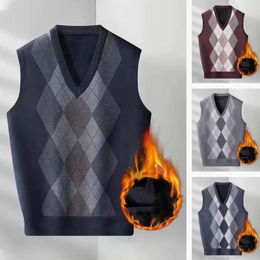 Men's Vests Men Sweater Vest Rhombus Print V Neck Sleeveless Warm Knitted Mid Length Pullover For Fall/winter Spring