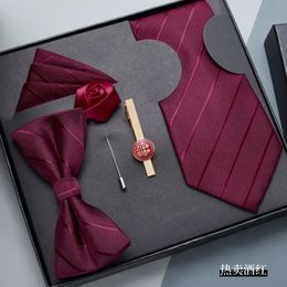 Bow Ties 5piece wine red zipper tie men's formal Business casual Korean version of wedding groom's bow square scarf clip 231204