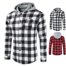 Men's Casual Shirts 2023 Slim Fit Chequered Long Sleeved Shirt Hooded Large Fashion Coat