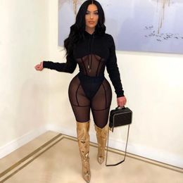 Women's Two Piece Pants Szkzk Sexy Mesh Set Evening Party Clubwear Hooded Tops And See Through Night Club Outfits For Women Bodycon Sets