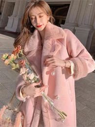 Women's Fur Women Winter Thick Warm Elegant Pink Faux Coats Female Turn Down Collar Fariy Wool Lady Botton Outerwear