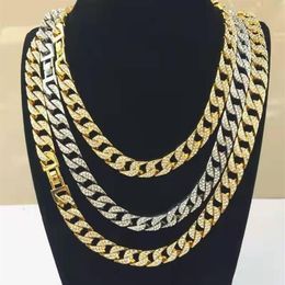 Chains Rapper Hip Hop Iced Out Paved Rhinestone 15MM Miami Curb Cuban Link Chain Gold Sliver Necklaces For Men Women Jewellery Set C244w