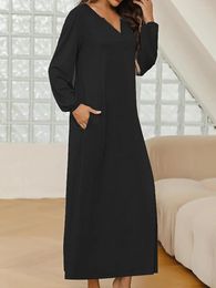 Women's Sleepwear Women Long Nightgown Sleeve Sleepshirts Oversized Henley Gray Black Sleep Dress With Pockets Loungewear For Casual Daily