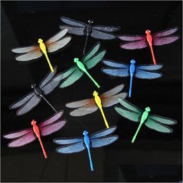 Garden Decorations Decoration Accessories 50Pcs/Set Simation Colorf Fluorescent Dragonfly Creative Magnetic Refrigerator Fake Libela Dhcau