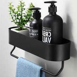 Black Bathroom Shelf 30-50cm Lenght Kitchen Wall Shelves Shower Basket Storage Rack Towel Bar Robe Hooks Bathroom Accessories T200212U