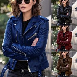 Women's Jackets Women Autumn Short Jacket Solid Slim Fit Zipper Turn Down Collar Female Moto Biker Thin Cool Faux Leather Outwear