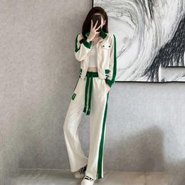 Women's Two Piece Pants Korean Long Sleeve Zip Up Crop Jacket Fashion Loose Wide Leg Pant Suit Streetwear Casual Tracksuit Set Women Outfits