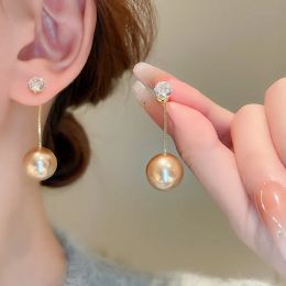 New Simple Shiny Zirconia Champagne Pearl Drop Earrings for Women Fashion Jewelry