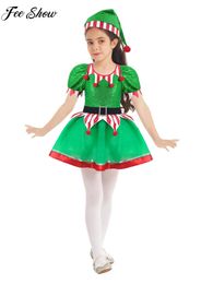 Girl's Dresses Child Girls Christmas Elf Cosplay Costume Ballet Tutu Shiny Sequin Mesh Leotard Dress Xmas Year Festival Performance Clothes 231204