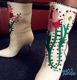 White Black Genuine leather Rivet Flower Boots Thin high heel Pointed toe Fa