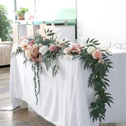 Christmas Decorations Yan 27M Artificial Wedding Eucalyptus Garland Runner with Rose Flowers Rustic Floral Table Centrepieces Boho Wed Decoration 231205