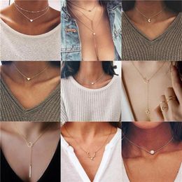 Pendant Necklaces Multi Layer Tiny Small Heart Moon Choker Necklace For Women Gold Color Short Chain Collar Jewelry GiftPendant259G