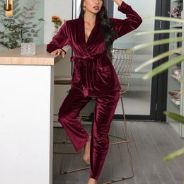 Women's Sleepwear Winter Red Wine Women'S Pajama Set 2 Piece Fleece Bathrobe Loungewear Belt Sleepwear Sleeping Nightwear Set Night Suit Home Wear 231205