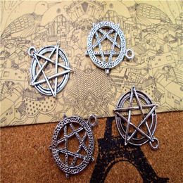 30 PCS Antique Silver Pentacle Star Circle Pendants Pentagram Charms Jewelry Making Findings 28x30mm317I