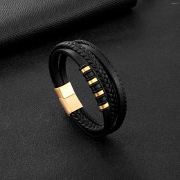 Bangle Charming Men's Leather Rope Bracelet Gold Colour Electroplated Multi Layered Simple Woven