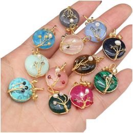 Pendant Necklaces Pendant Necklaces Natural Stone Pendants Gold Line Winding Round Shape Semi-Precious Charms For Jewellery Making Diy N Dhl8V