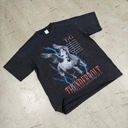 Vintage Washed Tee Shirts Printed Horse Short Sleeve Super Soft Hand-Washed Men Graphic Printed Shirts Casual Shirts M-XL