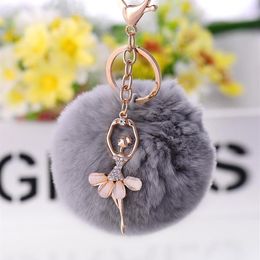New Cute Ballerina Keychains with Rhinestone Ballet Plush Ball Keyrings for Gifts Charm Key Chain Ring Jewelry 6pcs Lot218i