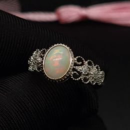 Vintage 925 Silver Opal Ring 0.6ct 6mmx8mm Natural White Opal Ring with 3 Layers Gold Plating Gift Foe Woman