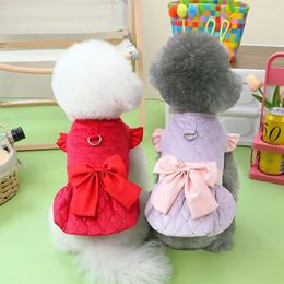 Dog Apparel Clothing Autumn Winter Cat Princess Cotton Dress Red Purple Bow Towable Warm Waistcoat Pet Cotton-padded Jacket