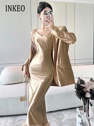 Women's Suits Design Club Rhinestone Blazer Jacket Feather Sleeveless Slip Dress Women 2024 Spring Summer Golden 2 Piece Set INKEO 3O341