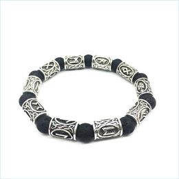Beaded Pretty 10Mm Lava Stone Bracelet Vintage Antique Sier Beads Beautifbracelets Rune Alloy Norse Jewellery For Women Men Drop Deliv Dhyrt