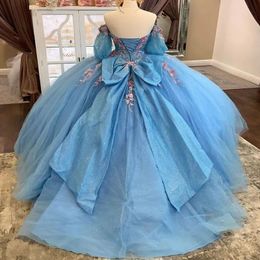 Mexico Sky Blue Off The Shoulder Ball Gown Quinceanera Dress Beaded Appliques Bow Birthday Party Gowns Sweet 16 15 Robe De Ball