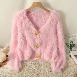 Womens Sweaters FIGOHR Pink Loose Furry Knitted Cardigan Coat Casual Buttons VNeck Long Sleeve Sweater for Office Lady AutumnWinter 231204
