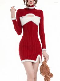 Casual Dresses Red Knit Christmas One Piece Dress Year 2024 Bodycon Sexy Evening Party Mini Female Hollow Out Korean Fashion Clothing