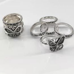 Cluster Rings 5 Pieces set Of Retro Fashion Hip-hop Ring Set Butterfly Multi-layer Couple Trend Personality Female Size 5#-10#232K