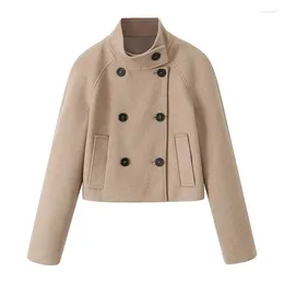 Women's Jackets YENKYE Women Short Double Breasted Coat Long Sleeve High Collar Female Pockets Autumn Winter Jacket