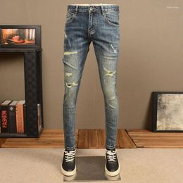 Men's Jeans Fashion Streetwear Men Retro Blue Stretch Ripped Skinny Trousers Patched Designer Vintage Denim Pants Hombre