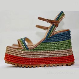Sandals Women Sugarbaby Crystal Sequin Striped Wedge Platform 12.5Cm Heels Red Green Buckle Mixed Colours Open Bling Dress Shoes
