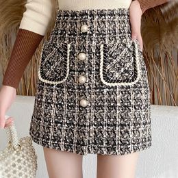 Skirts Fall Winter Plaid Tweed Skirt Womens Thick Woollen Pearl Button Front Pocket Glitter Mini Saia Feminina 231204