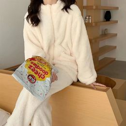 Women's Sleepwear Coral Fleece Pajamas Sets Women Autumn Winter 2 Pieces/Sets Turn-Down Collar Thick Flannel Sleepwear Casual Loose Pyjamas S 231205