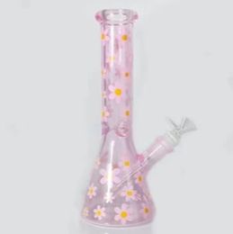 Mini printed beaker bong hookahs glass water pipe dab rig 9.8 inches pink